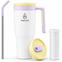 Motivai Travel Cup RVS Thermosbeker met Handvat & Rietje – 1.2L (40oz) – Lekvrij & Dubbelwandig – Drinkbeker To Go – Thermosfles Waterfles – Vanille