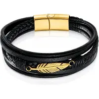 Mendes Jewelry Heren Armband - Stoer Zwart Leder met Bladvormige Stalen Bedel - Goud-21cm