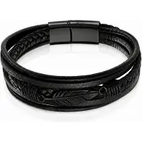 Mendes Jewelry Heren Armband - Stoer Zwart Leder met Bladvormige Stalen Bedel - Zwart-21cm