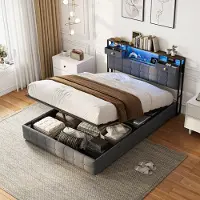 Grau Opbergbed 160x200 cm grijs fluweel met RGB LED-verlichting, USB & Type-C, hoofdbord en 2 lades, gestoffeerd tweepersoonsbed