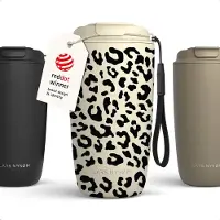 LARS NYSØM Nøgen Thermo Coffee Mug-to-go 500ml - BPA-vrij met Isolatie - Met Draagriem & Tritan Deksel (Almond Beige/Leopard/Gloss Black)