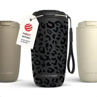 LARS NYSØM Nøgen Thermo Coffee Mug-to-go 500ml - BPA-vrij met Isolatie - Met Draagriem & Tritan Deksel (Carbon Black/Leopard/Gloss Black)