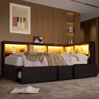 OKWISH Metalen Dagbed 90x200 Cm – Met Uitschuifbed En Led Hoofdbord – Met Opbergkasten En Oplaadstation – Zonder Matras – Modern – Zwart