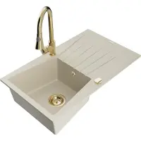 Mexen Cesar granieten gootsteen 1-komorige met afdruiprek en keukenkraan Elia, beige - 6514-69-670101-50