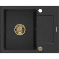 Mexen Enzo granieten spoelbak 1-komorig met afdruiprek 576 x 465 , zwart/zilveren metallic, gouden sifon - 6506571005-73-G