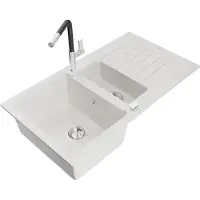 Mexen Matias granieten spoelbak 1,5-komorige met afdruiprek en keukenkraan Flora, wit - 6502-20-670401-07