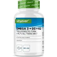 Vit4ever Omega 3 + D3 + K2 Complex - 240 Capsules - Visolie Triglyceride-vorm met 750 mg EPA & 375 mg DHA - Vitamine D3 1000 IE & K2 MK-7 - Hoog Gedoseerd - Laboratoriumgetest -