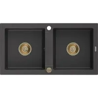 Mexen Mario 2-kamerige granieten gootsteen 820 x 436 , zwart gespikkeld, gouden sifon - 6504822000-76-G