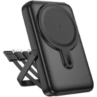 Hoco Magnetisch Powerbank 10.000mAh - Draadloos Opladen - Ingebouwde Kabels (USB-C & iPhone) - Geschikt voor MagSafe Met Standaard - 22.5W Snelladen - Zwart