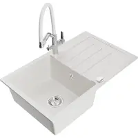 Mexen Bruno granieten spoelbak 1-baks met afdruiprek en keukenkraan Duo, wit - 6513-20-671701-02