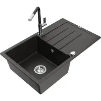Mexen Bruno granieten spoelbak met 1 bak, afdruiprek en keukenmengkraan Flora, zwart/goud metallic - 6513-75-670401-07
