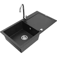 Mexen Leo granieten spoelbak 1-kompartment met afdruiprek en keukenmengkraan Telma, zwart/zilver metallic - 6501-73-670200-00