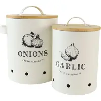 OTIX Voorraadpotten - met Deksel - Creme - Set van 2 - Knoflookpot - Uienpot - Metaal - Bamboe - LIBRA