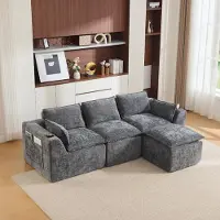 MODFU driezits hoekbank, modulaire grote bank met voetenbank, relaxbank met kussens, bekerhouder en 2 zijvakken, chenille, grijs