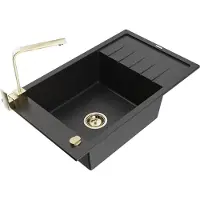 Mexen Elias granieten gootsteen met 1 bak en afdruiprek en keukenmengkraan Rita, zwart/zilver metallic - 6511-73-670300-50