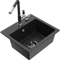 Mexen Milo granieten gootsteen 1-komor met keukenkraan Flora, zwart/zilver metallic - 6505-73-670401-07-B