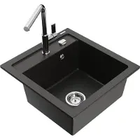 Mexen Vito granieten gootsteen met 1 bak en Flora keukenkraan, zwart/goud metallic - 6503-75-670401-00