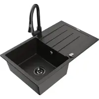 Mexen Bruno granieten gootsteen 1-komorige met afdruiprek en keukenmengkraan Elia, zwart/goud metallic - 6513-75-670101-70-B