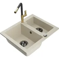 Mexen Carlos granieten gootsteen 1,5-komers met keukenmengkraan Flora, beige - 6518-69-670401-57-B