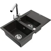 Mexen Gaspar granieten spoelbak 1,5-kamer met afdruiprek en Duero keukenmengkraan, zwart/goud metallic - 6507-75-671600-00