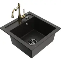 Mexen Vito granieten spoelbak 1-komers met keukenmengkraan Carla, zwart/goud metallic - 6503-75-670700-50-B