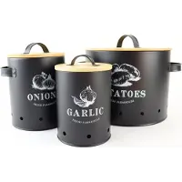 OTIX Voorraadpotten - met Deksel - Zwart - Set van 3 - Knoflookpot - Uienpot - Aardappelbak - Metaal - Bamboe - ARIES
