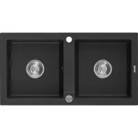 Mexen Mario granieten gootsteen 2-vaks 820 x 436 , zwart/zilveren metallic, sifon chroom - 6504822000-73