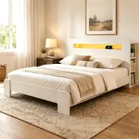 OKWISH Houten Bed 140x200 cm - Met Ledverlichting En Stopcontacten - Hoofdbord Met Opbergruimte - Zonder Matras - Wit