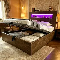 STILVORA Bedframe 140x200 cm – Met Hydraulische Opbergruimte En Led Hoofdbord – Stopcontacten En Vakken – Houtlook – Zonder Matras – Houtkleur