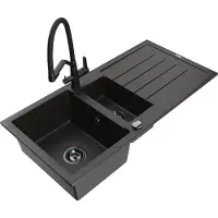 Mexen Andres granieten gootsteen 1,5-komor met afdruiprek en keukenkraan Duo, zwart/gouden metallic - 6515-75-671701-70-B