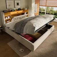 OKWISH Gestoffeerd Bed 140x200 cm - Met USB-C En Ledverlichting - Hydraulische Opbergruimte - Zonder Matras - Linnen - Beige