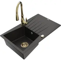 Mexen Cesar granieten spoelbak 1-kompartment met afdruiprek en keukenkraan Savita, zwart/goud metallic - 6514-75-672601-50
