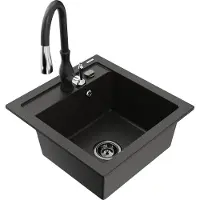 Mexen Vito granieten spoelbak met 1 bak en Savita keukenkraan, zwart/gouden metallic - 6503-75-672601-70-B