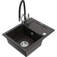 Mexen Enzo granieten gootsteen met 1 bak met afdruiprek en keukenkraan Duo, zwart/goud metallic - 6506-75-671701-07