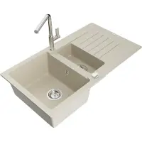 Mexen Matias granieten gootsteen 1,5-komoren met afdruiprek en keukenkraan Flora, beige - 6502-69-670401-00