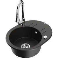 Mexen Kevin granieten spoelbak met 1 bak, afdruiprek en keukenkraan Elia, zwart/goud metallic - 6517-75-670101-00