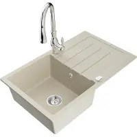 Mexen Bruno granieten spoelbak met 1 bak met afdruiprek en keukenkraan Savita, beige - 6513-69-672601-00