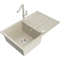 Mexen Bruno granieten spoelbak met 1 bak en afdruipvlak en Flora keukenmengkraan, beige - 6513-69-670401-09