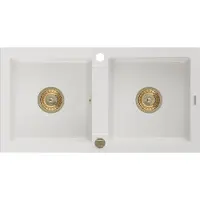 Mexen Mario granieten gootsteen 2-kamer 820 x 436 , wit, gouden sifon - 6504822000-20-G
