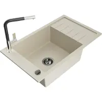 Mexen Elias granieten gootsteen 1-komper met afdruiprek en keukenmengkraan Flora, beige - 6511-69-670401-07