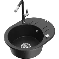 Mexen Kevin granieten spoelbak met 1 afdeling, afdruiprek en Flora keukenkraan, zwart/zilver metallic - 6517-73-670401-07