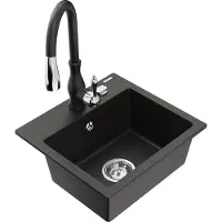 Mexen Milo granieten spoelbak met 1 bak en Savita keukenkraan, zwart/goud metallic - 6505-75-672601-70
