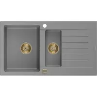 Mexen Matias granieten gootsteen 1,5-comprimeer met afdruiprek 900 x 505 , grijs, gouden sifon - 6502901505-71-G