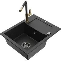 Mexen Enzo granieten gootsteen 1-bak met afdruiprek en keukenkraan Flora, zwart/zilver metallic - 6506-73-670401-57-B