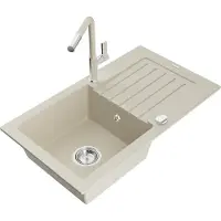 Mexen Pablo granieten spoelbak 1-kompartment met afdruiprek en keukenmengkraan Flora, beige - 6510-69-670401-09