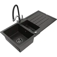 Mexen Andres granieten gootsteen 1,5-komorige met afdruiprek en keukenkraan Duo, zwart/gouden metallic - 6515-75-671701-07-B