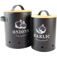 OTIX Voorraadpotten - met Deksel - Zwart - Set van 2 - Knoflookpot - Uienpot - Metaal - Bamboe - ARIES