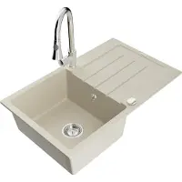 Mexen Bruno granieten gootsteen 1-komor met afdruiprek en keukenkraan Elia, beige - 6513-69-670101-00