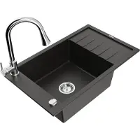 Mexen Elias granieten spoelbak 1-komors met afdruipplaat en keukenmengkraan Elia, zwart/goud metallic - 6511-75-670101-00