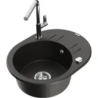 Mexen Kevin granieten gootsteen met 1 bak met afdruiprek en keukenmengkraan Flora, zwart/goud metallic - 6517-75-670401-00